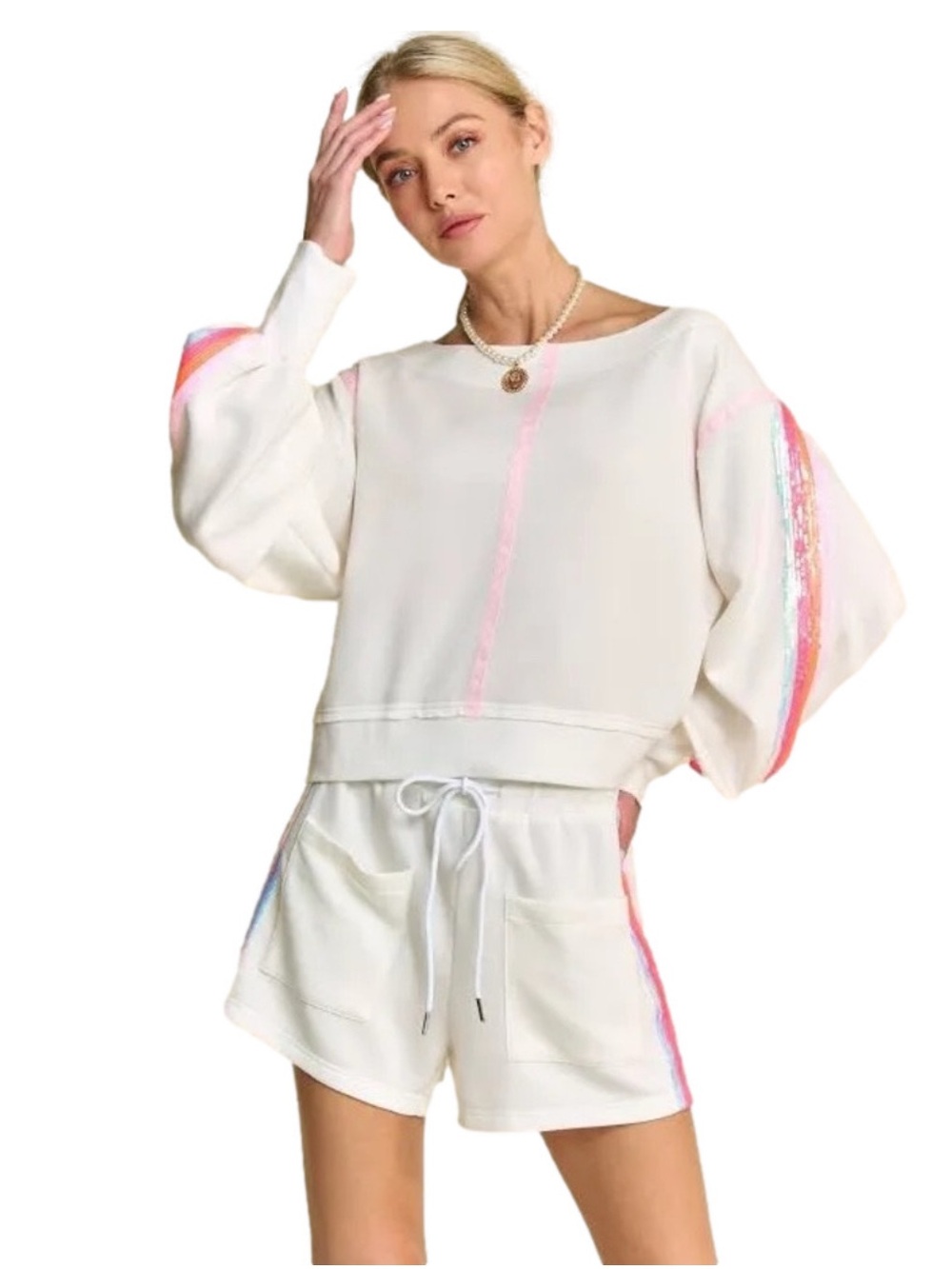 DAVI & DANI White Women’s Set Sweater-Short Pink and Multicolor Sequin Stripes